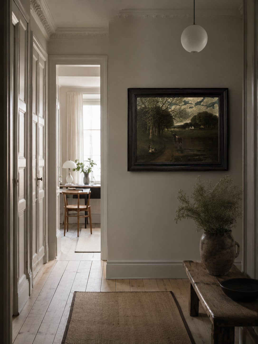 Vintage Pastoral Landscape Oil Painting, Black Frame