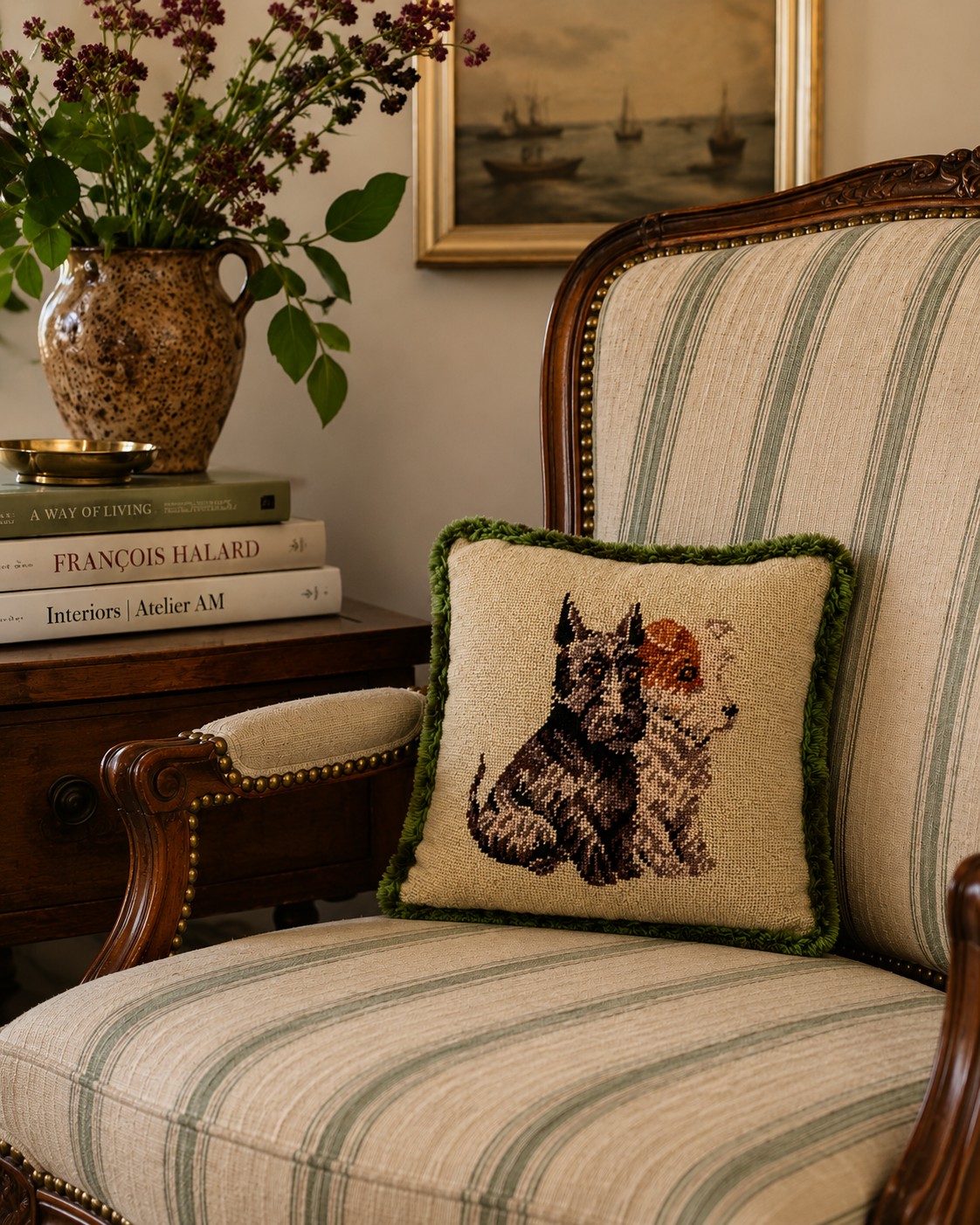 Vintage Needlepoint Dog Pillow with Green Fringe
