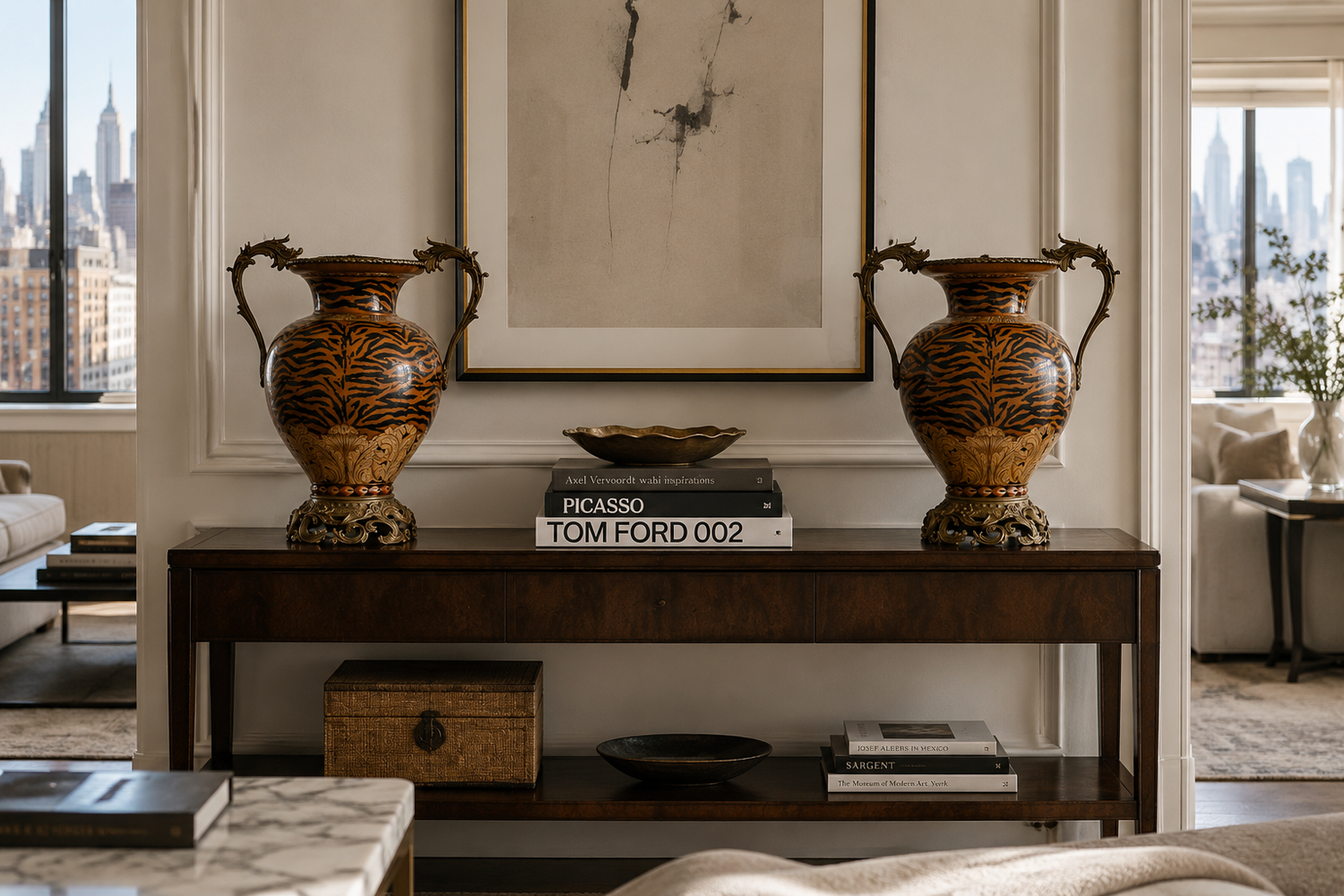 Pair of Vintage Tiger-Stripe Urns, Gilt Bronze Mounts