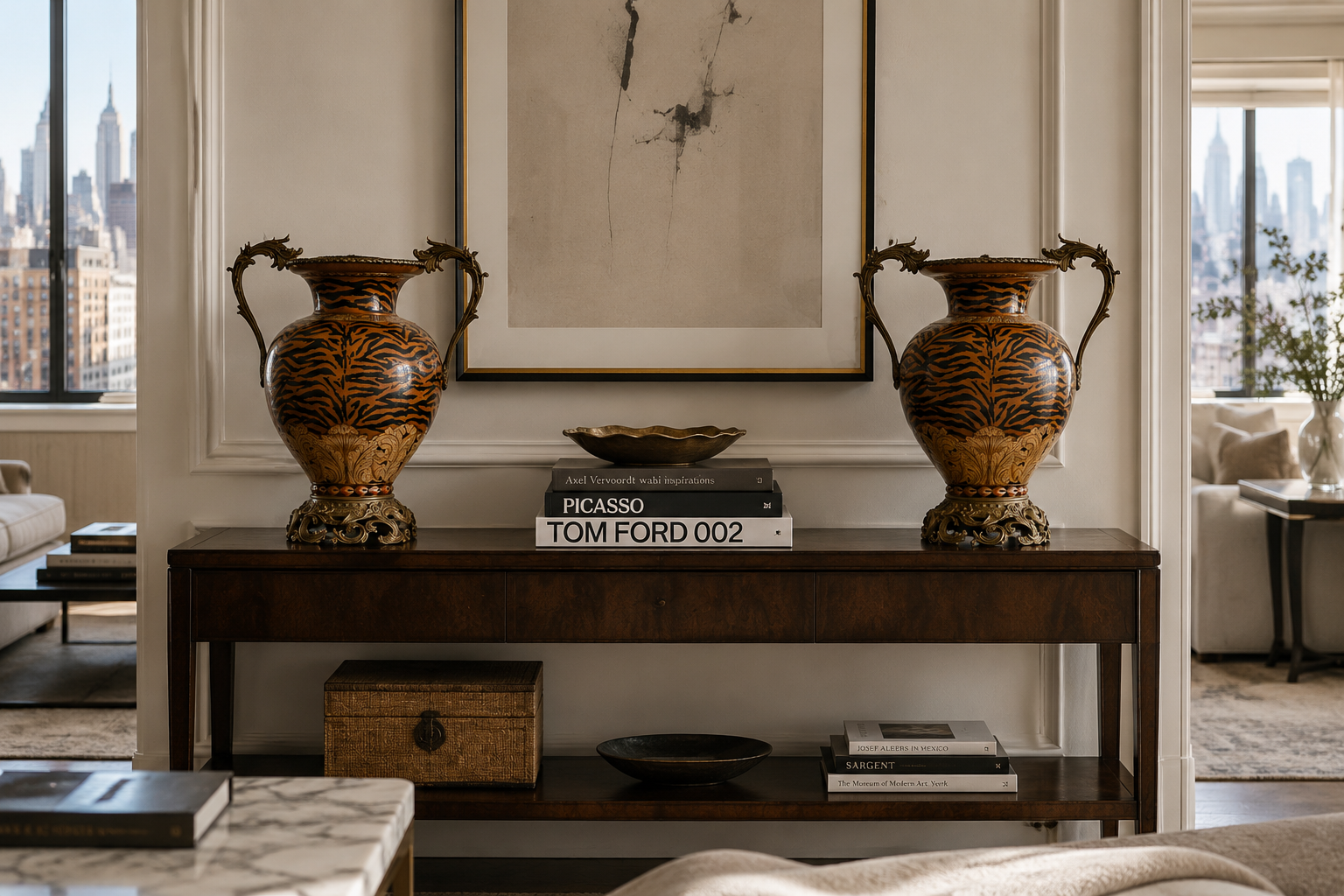 Pair of Vintage Tiger-Stripe Urns, Gilt Bronze Mounts