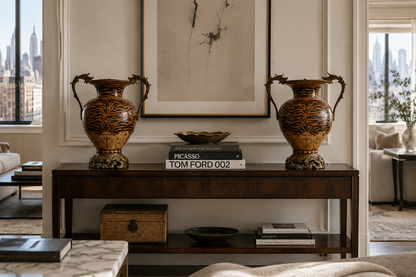 Pair of Vintage Tiger-Stripe Urns, Gilt Bronze Mounts
