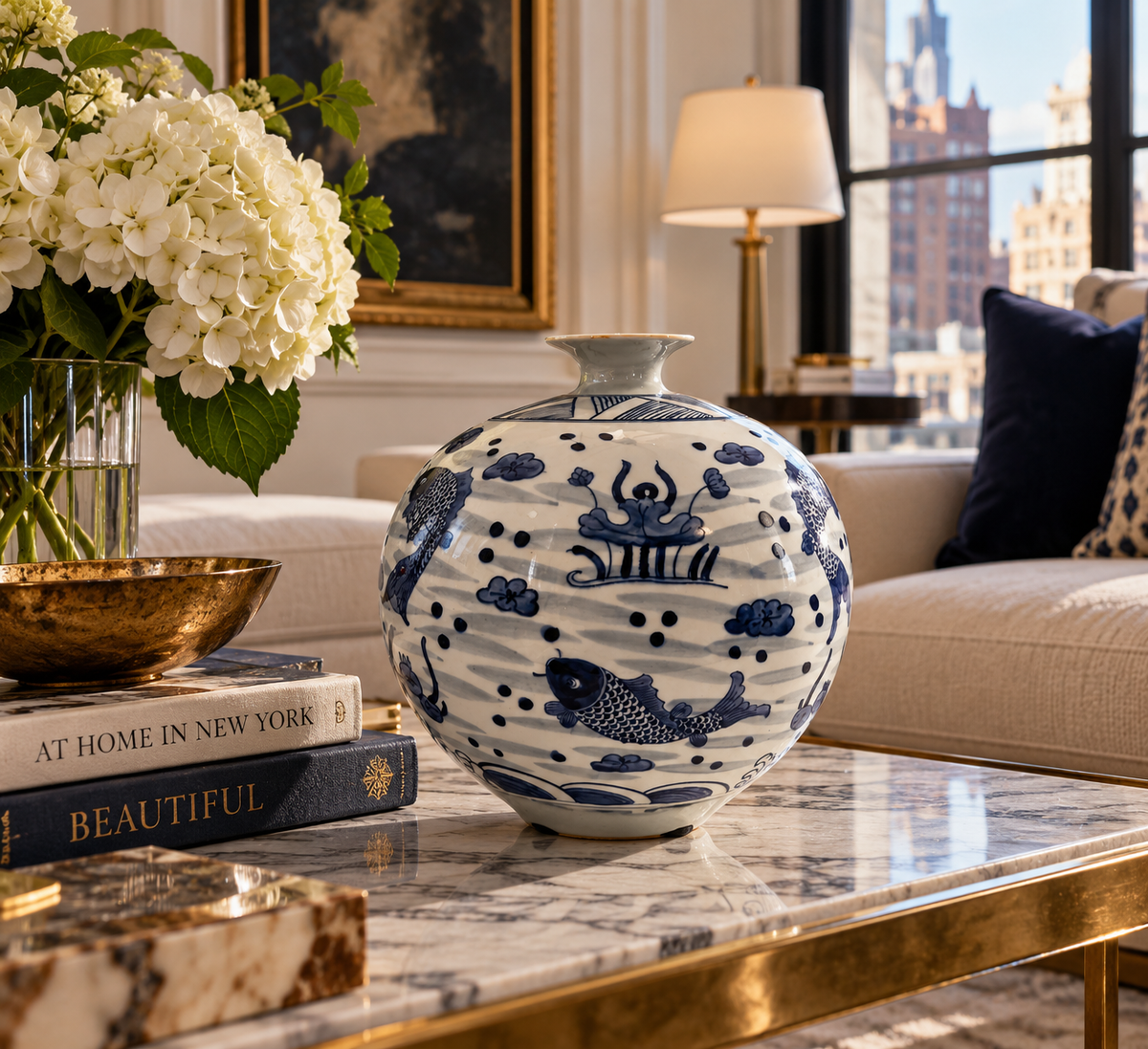 Blue and white koi-motif porcelain vase, styled at home