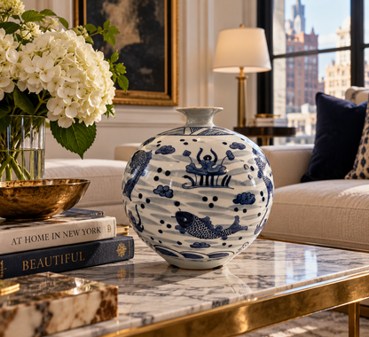 Blue and white koi-motif porcelain vase, styled at home