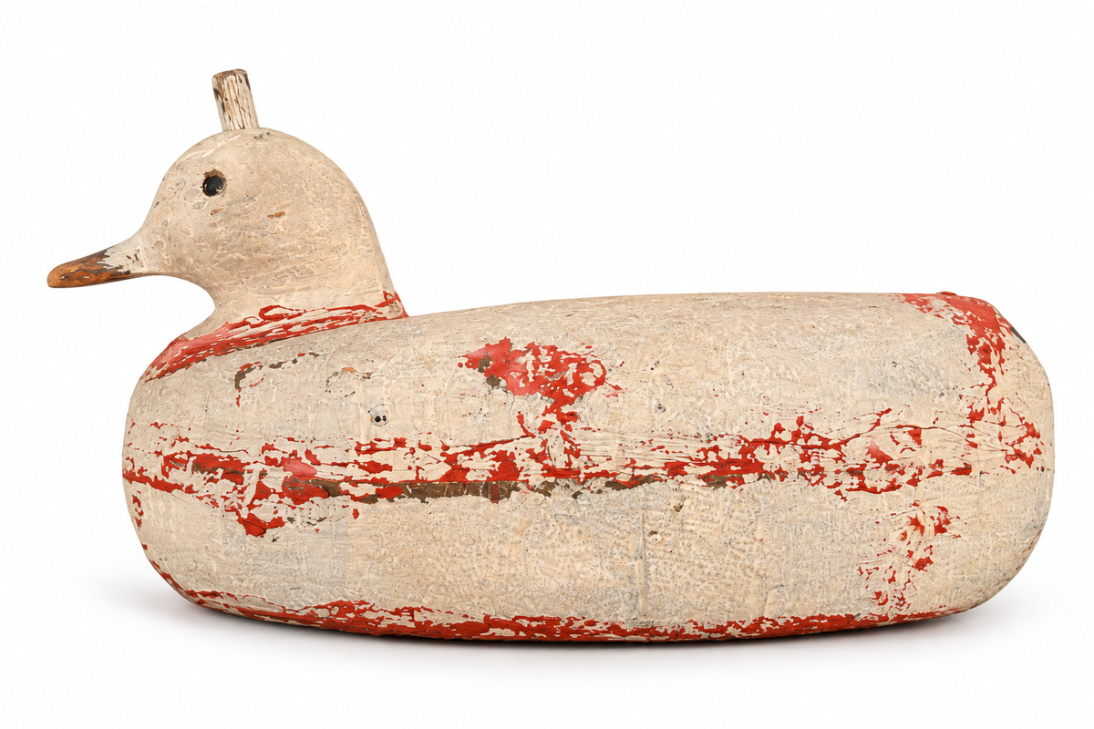 Vintage Wooden Duck Decoy – Distressed Red &amp; Cream Folk Art Sculpture
