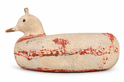 Vintage Wooden Duck Decoy – Distressed Red &amp; Cream Folk Art Sculpture