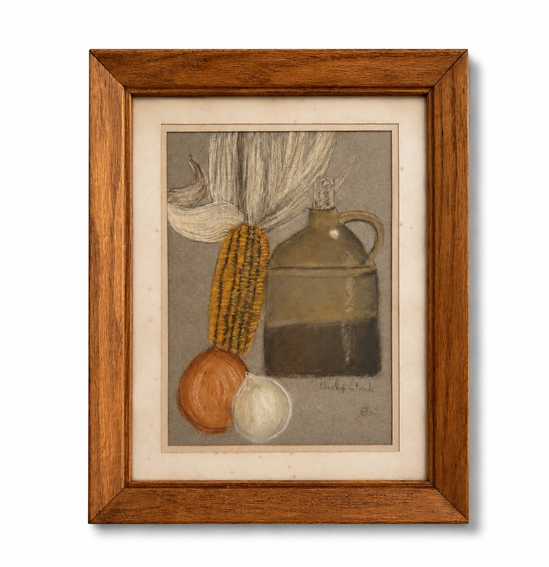 Vintage Signed Pastel Still Life, Corn, Onions &amp; Jug, Framed