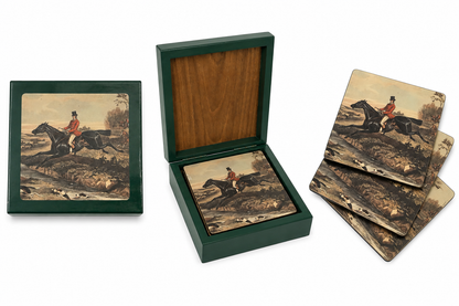 Fox Hunt Coaster Set in Green Lacquer Box