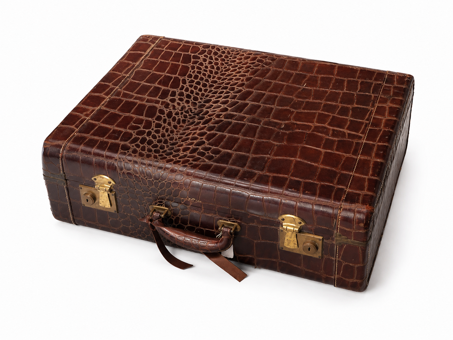 Vintage Crocodile-Embossed Leather Suitcase | Antique Brown Travel Case