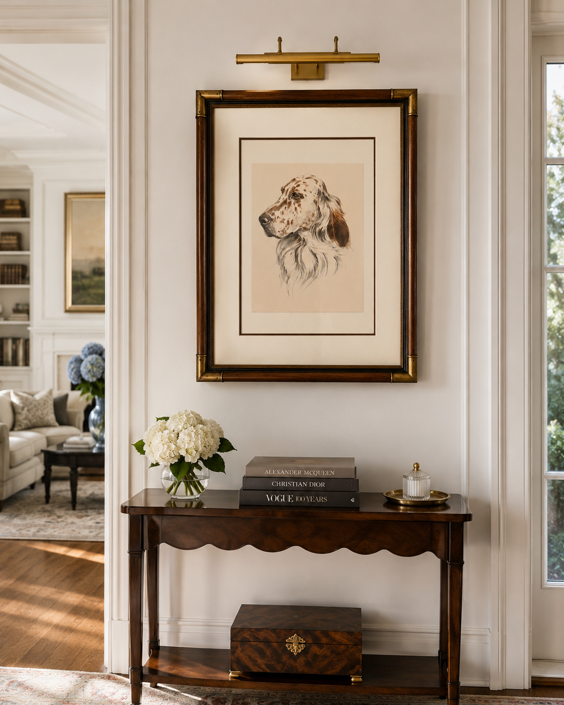 Antique English Setter Head Study Print, Framed with Brass Corners