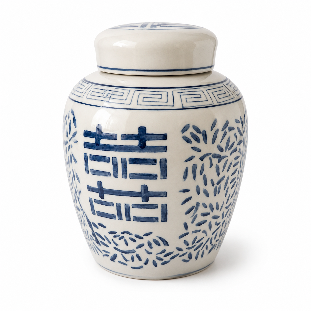 Vintage Blue &amp; White Double Happiness Ginger Jar, Lidded Porcelain