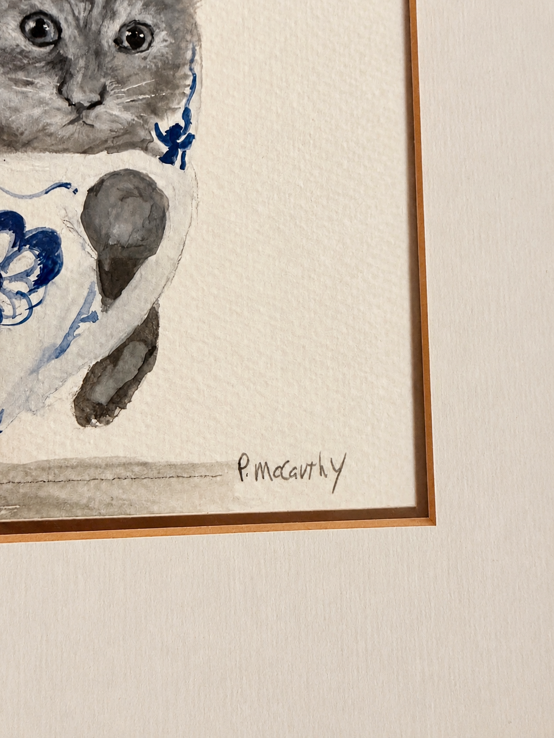 Pat McCarthy Watercolor, Cat in Blue &amp; White Delft Plate