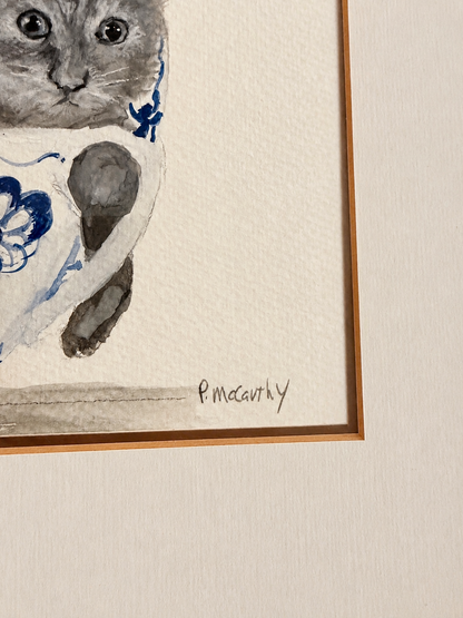 Pat McCarthy Watercolor, Cat in Blue &amp; White Delft Plate