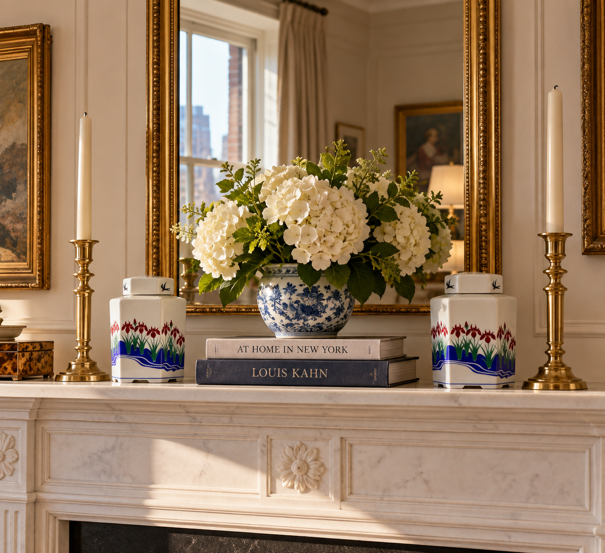 Pair of signed Jennifer Wong hexagon porcelain ginger jars, styled at home