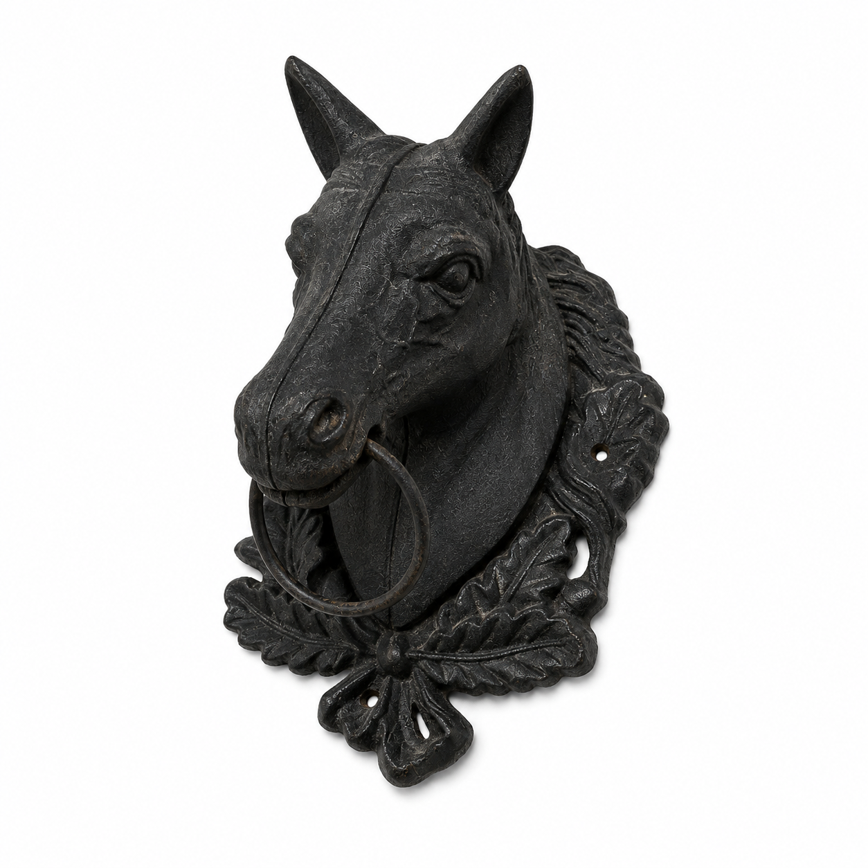 Cast Iron Horse Head with Hitching Ring on Oak Leaf Plaque