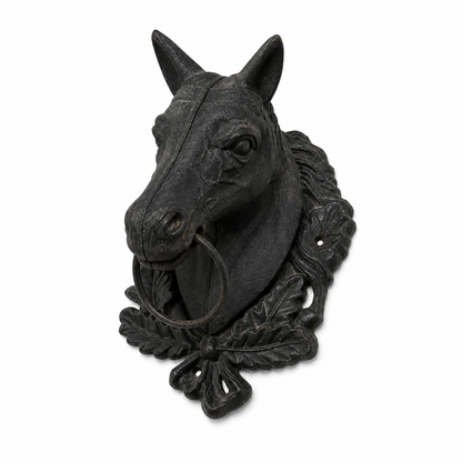 Cast Iron Horse Head with Hitching Ring on Oak Leaf Plaque