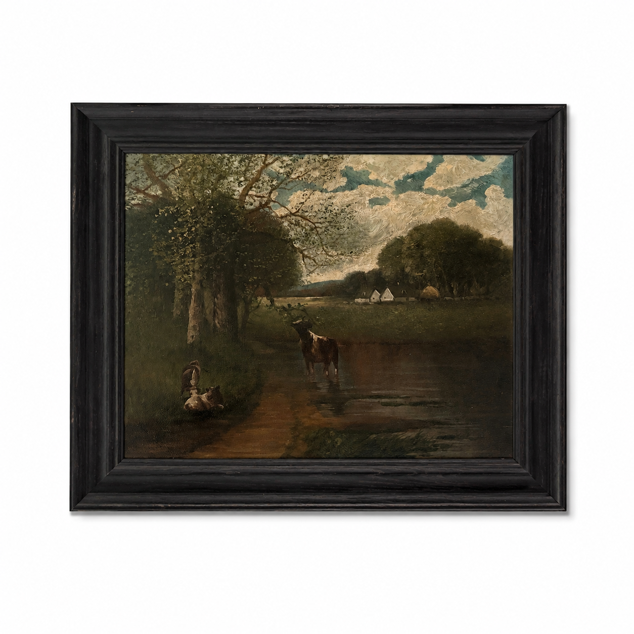 Vintage Pastoral Landscape Oil Painting, Black Frame