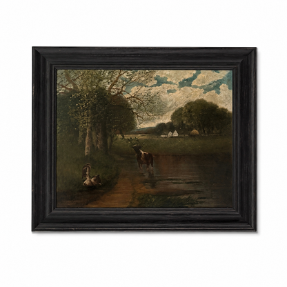 Vintage Pastoral Landscape Oil Painting, Black Frame