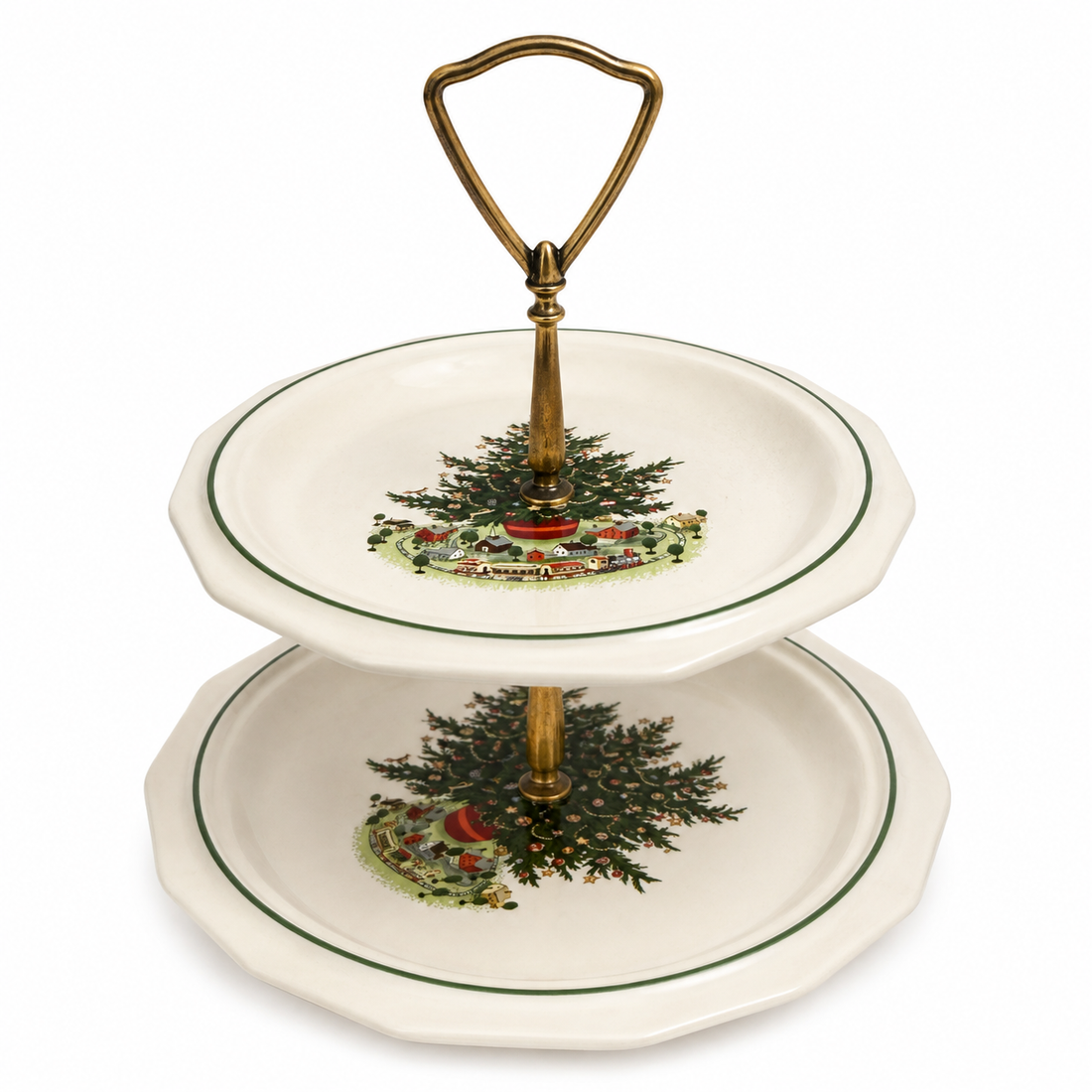 Vintage Christmas Tree Village Two-Tier Serving Stand