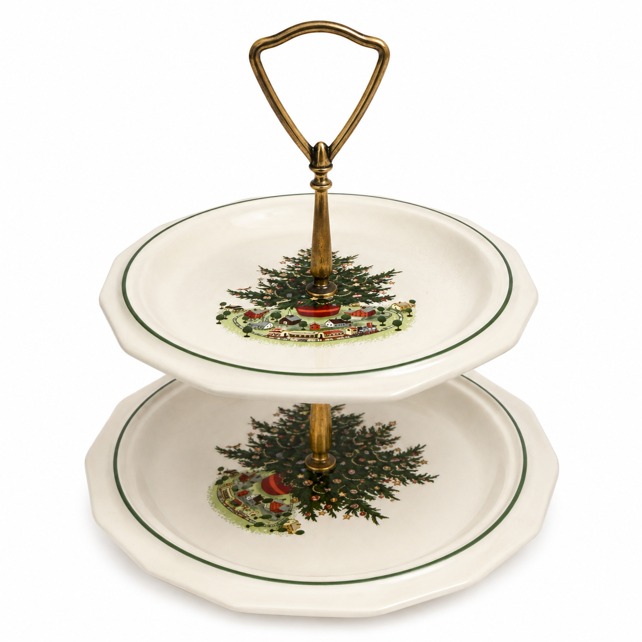 Vintage Christmas Tree Village Two-Tier Serving Stand