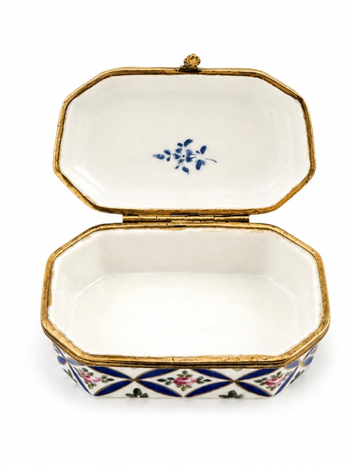 Vintage Limoges Trinket Box, Blue Lattice &amp; Rose, Gilt &amp; Brass