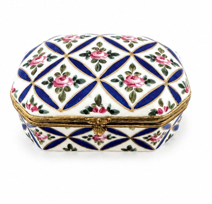 Vintage Limoges Trinket Box, Blue Lattice &amp; Rose, Gilt &amp; Brass