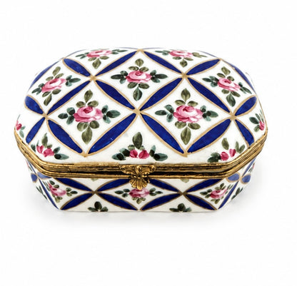 Vintage Limoges Trinket Box, Blue Lattice &amp; Rose, Gilt &amp; Brass
