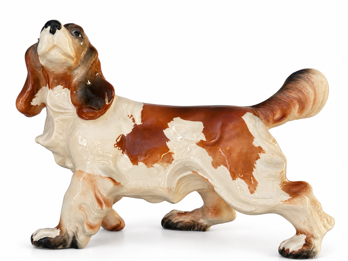 Vintage Ceramic Basset Hound Figurine, Hand-Painted Brown &amp; White Dog
