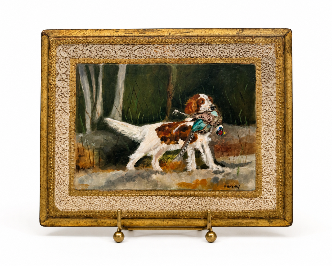 Pat McCarthy Setter with Pheasant Oil Painting, Gilt Lace-Border Frame