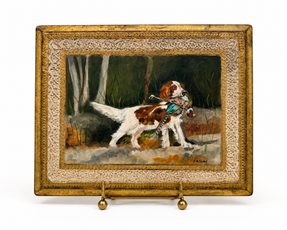 Pat McCarthy Setter with Pheasant Oil Painting, Gilt Lace-Border Frame