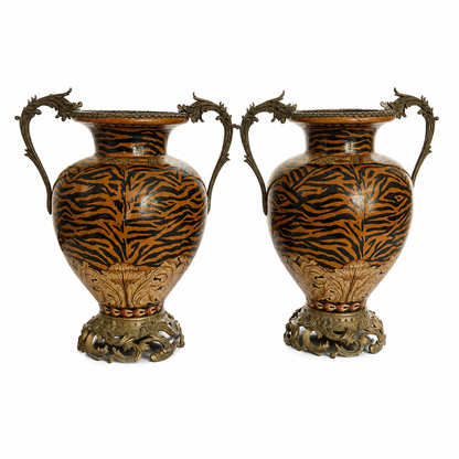 Pair of Vintage Tiger-Stripe Urns, Gilt Bronze Mounts
