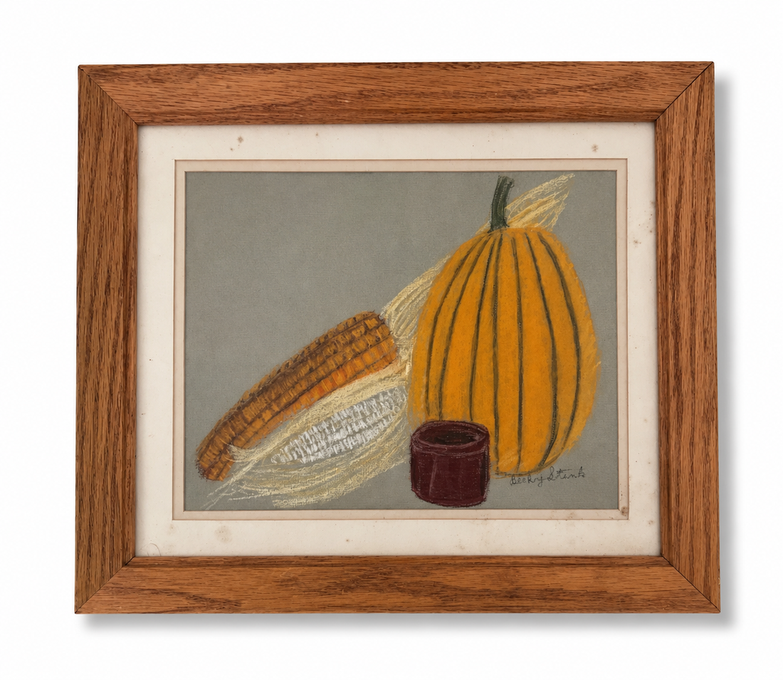 Vintage Signed Pastel Still Life, Pumpkin &amp; Corn, Framed