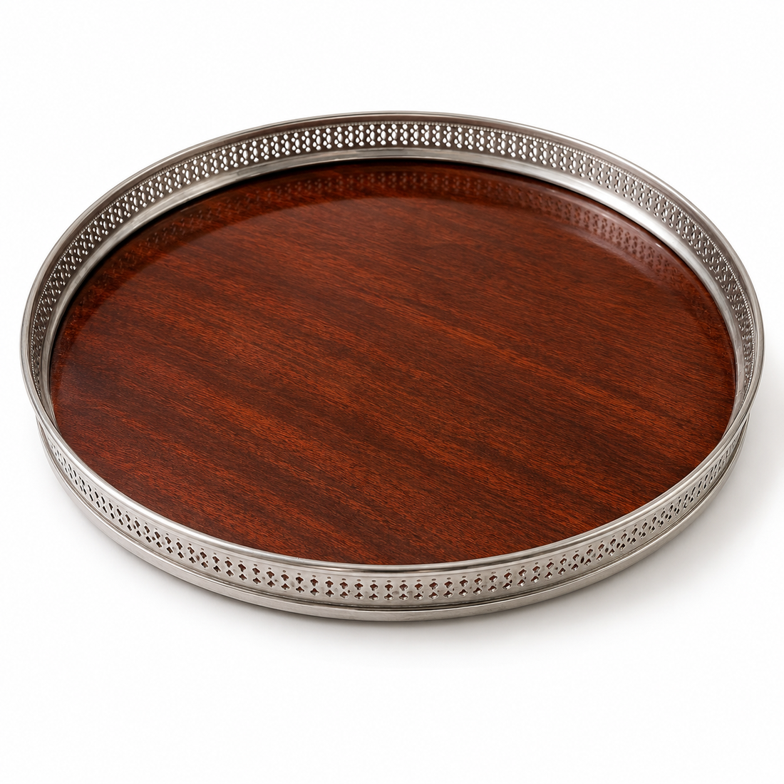 Vintage Silver-Plate Gallery Bar Tray, Pierced Rail &amp; Mahogany