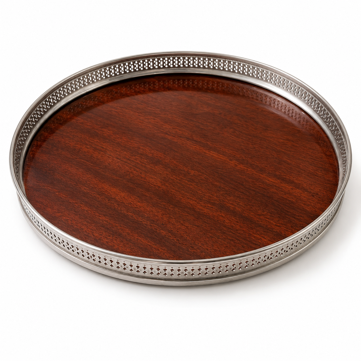Vintage Silver-Plate Gallery Bar Tray, Pierced Rail &amp; Mahogany