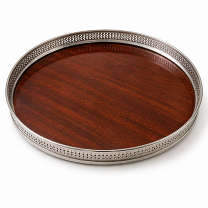 Vintage Silver-Plate Gallery Bar Tray, Pierced Rail &amp; Mahogany