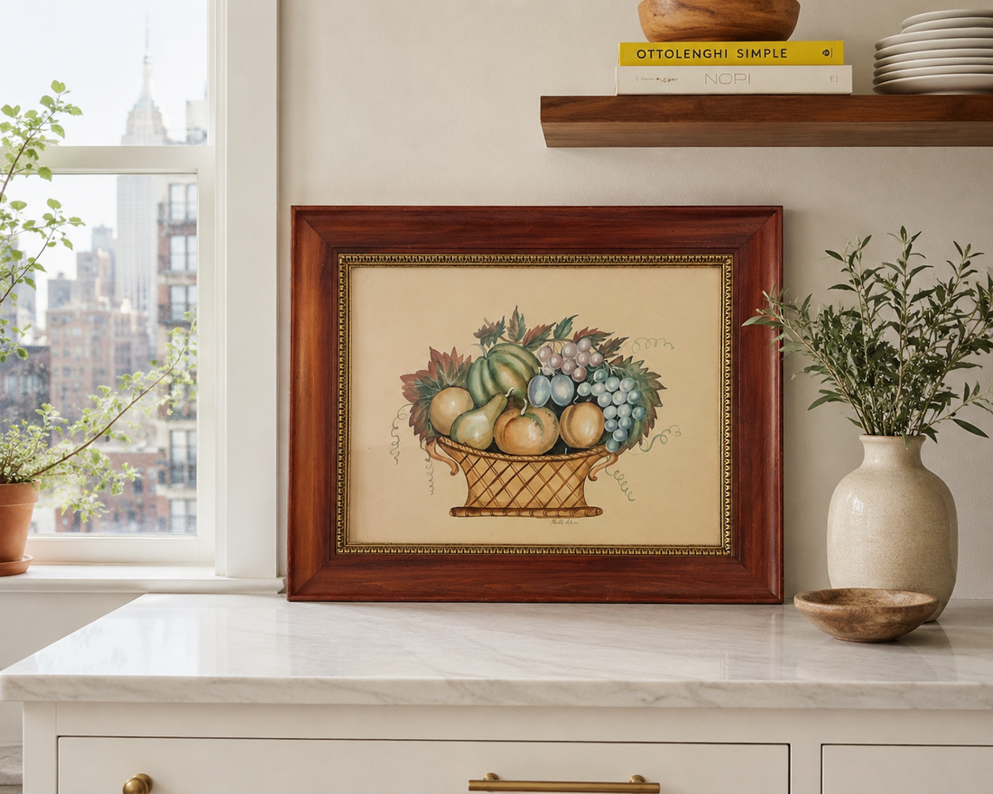 Vintage Charles Adams Watercolor Fruit Basket Still Life, 30” x 24”