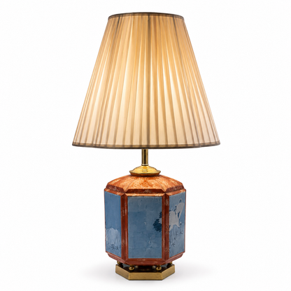 Vintage Chinoiserie Crane Lamp, Hand-Painted Blue Panels, Coral &amp; Brass
