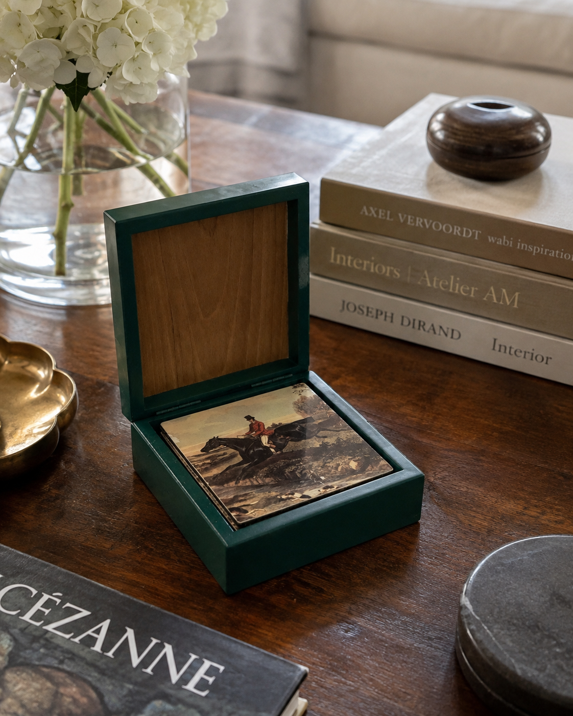 Fox Hunt Coaster Set in Green Lacquer Box
