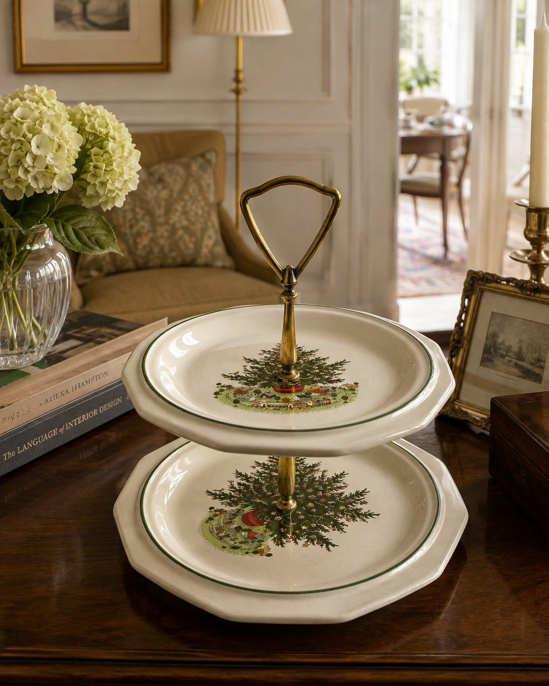 Vintage Christmas Tree Village Two-Tier Serving Stand