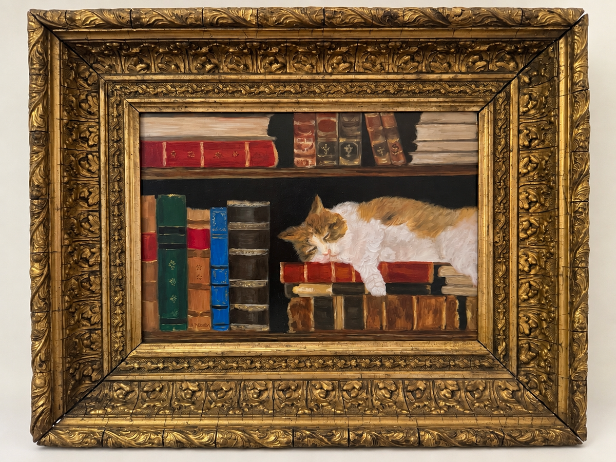 Pat McCarthy Cat Painting, Original Oil on Board in Ornate Antique Frame