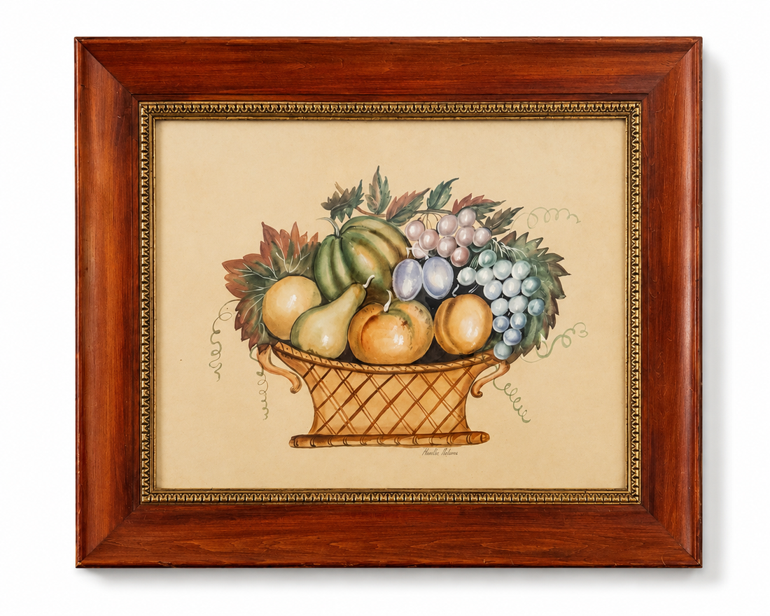 Vintage Charles Adams Watercolor Fruit Basket Still Life, 30” x 24”
