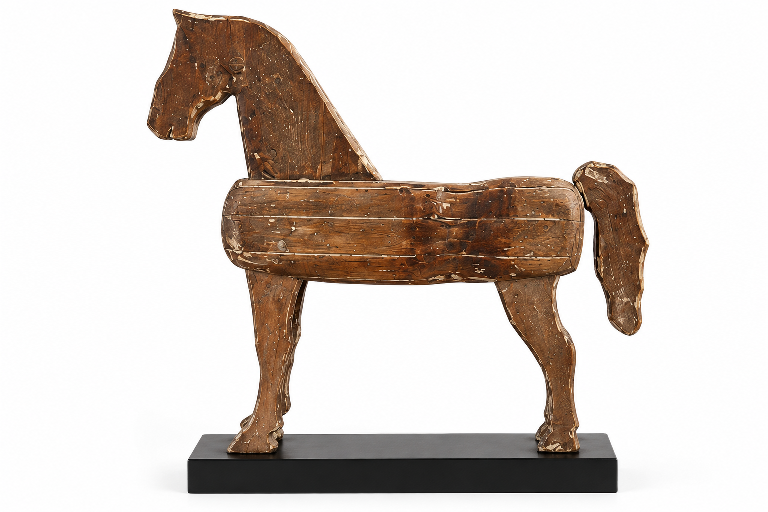Vintage Folk Art Wooden Horse Sculpture on Black Plinth
