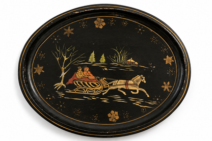 Vintage Black Lacquered Tray with Hand-Painted Winter Sleigh Scene