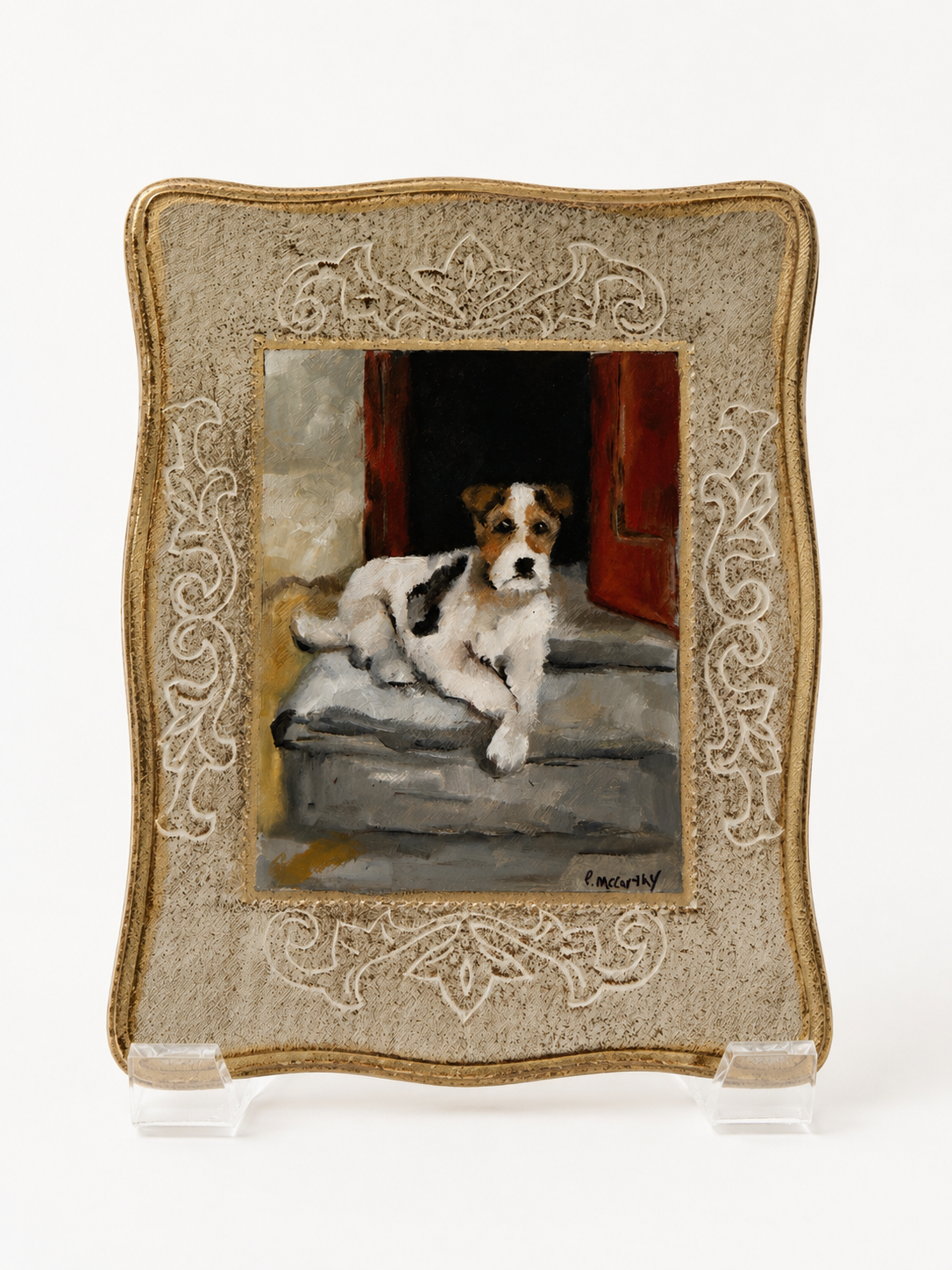 Vintage Terrier on the Step, Rectangular Florentine Board, Signed P. McCarthy