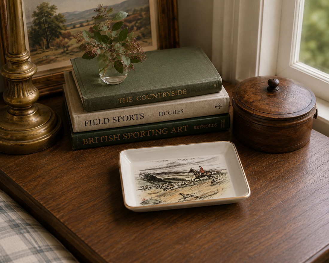Vintage Hand-Colored Fox Hunt Trinket Dish | O:962 Design Studios Gilt Rim Equestrian Tray | English Hunting Scene Catchall