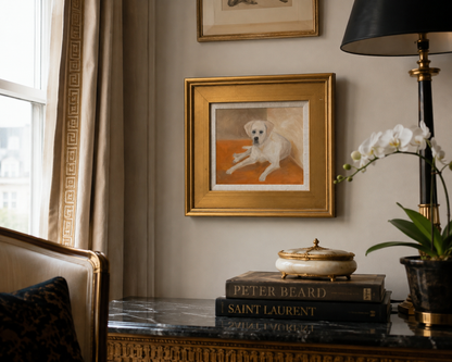 Vintage White Lab Oil Portrait, Gold Frame