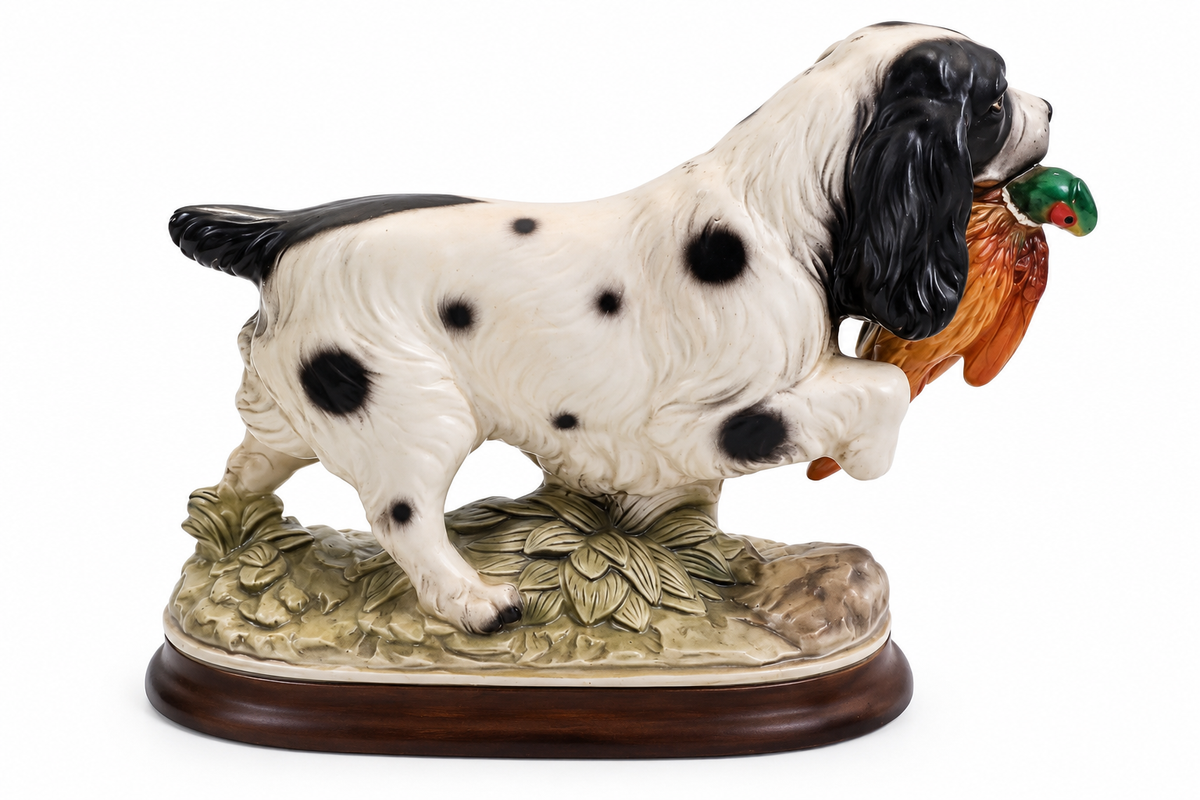 Vintage Japanese Spotted Hunting Dog Figurine with Game Bird