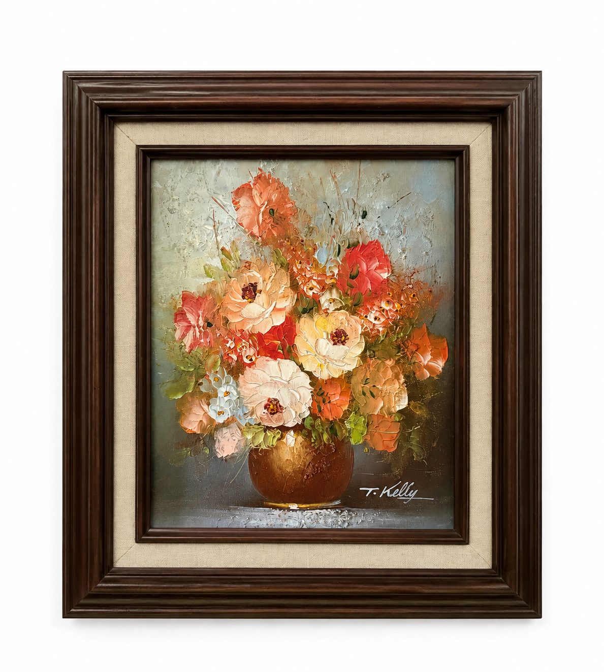 Vintage Floral Still Life Oil, Signed T. Kelly, Carved Wood Frame