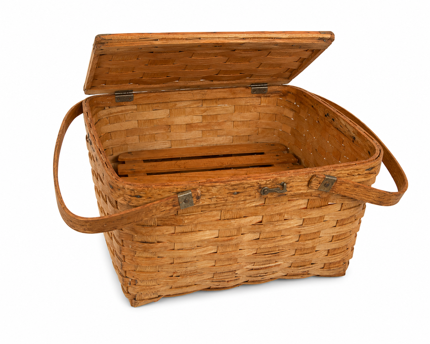 Vintage Woven Picnic Basket with Hinged Lid &amp; Wooden Handles