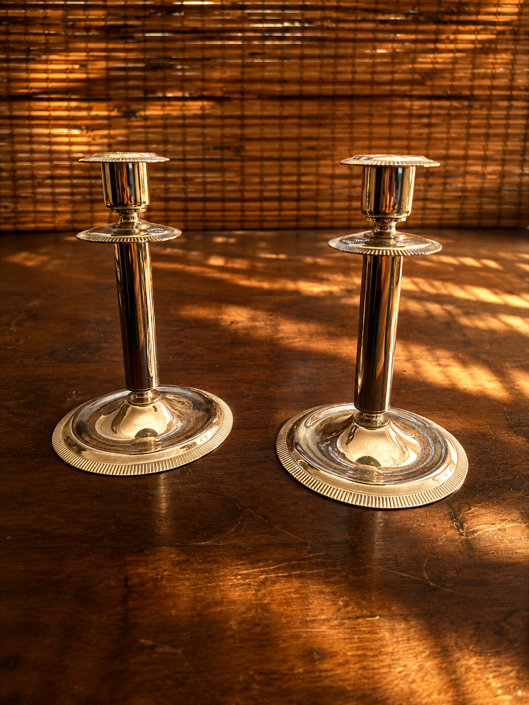 Vintage French Pewter Candlesticks, Pair, Reeded Taper Holders