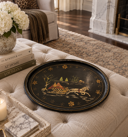 Vintage Black Lacquered Tray with Hand-Painted Winter Sleigh Scene
